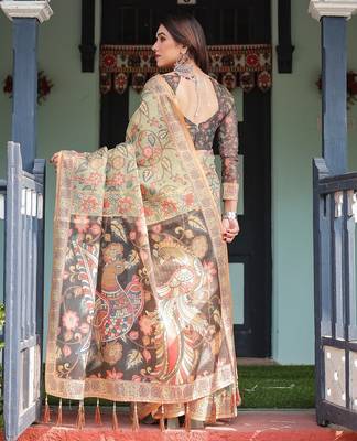 Cotton handloom saree with digital floral print and tassels     festive wear 3