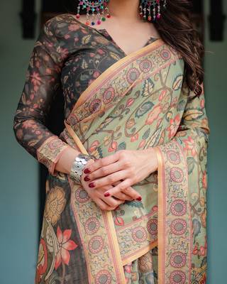 Cotton handloom saree with digital floral print and tassels     festive wear 4