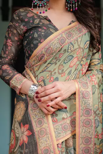 Cotton handloom saree with digital floral print and tassels     festive wear