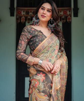 Cotton handloom saree with digital floral print and tassels     festive wear 5