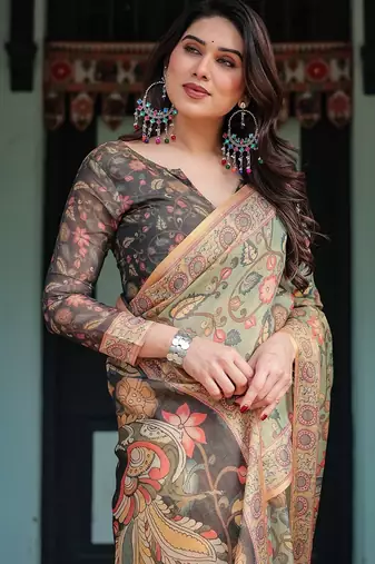 Cotton handloom saree with digital floral print and tassels     festive wear