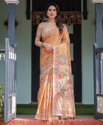 Pastel floral handloom cotton saree with pallu tassels & blouse piece 1