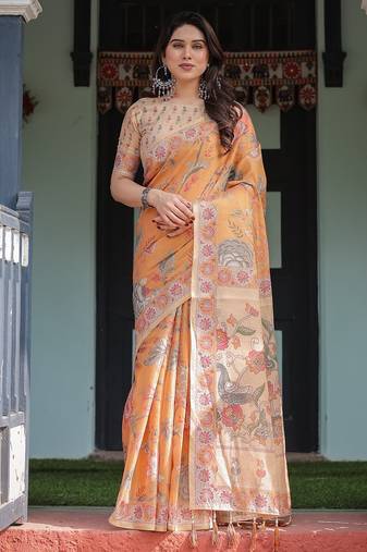 Pastel floral handloom cotton saree with pallu tassels & blouse piece