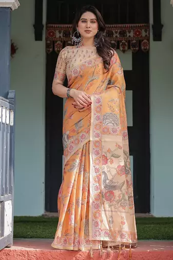 Pastel floral handloom cotton saree with pallu tassels & blouse piece