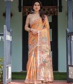 Pastel floral handloom cotton saree with pallu tassels & blouse piece