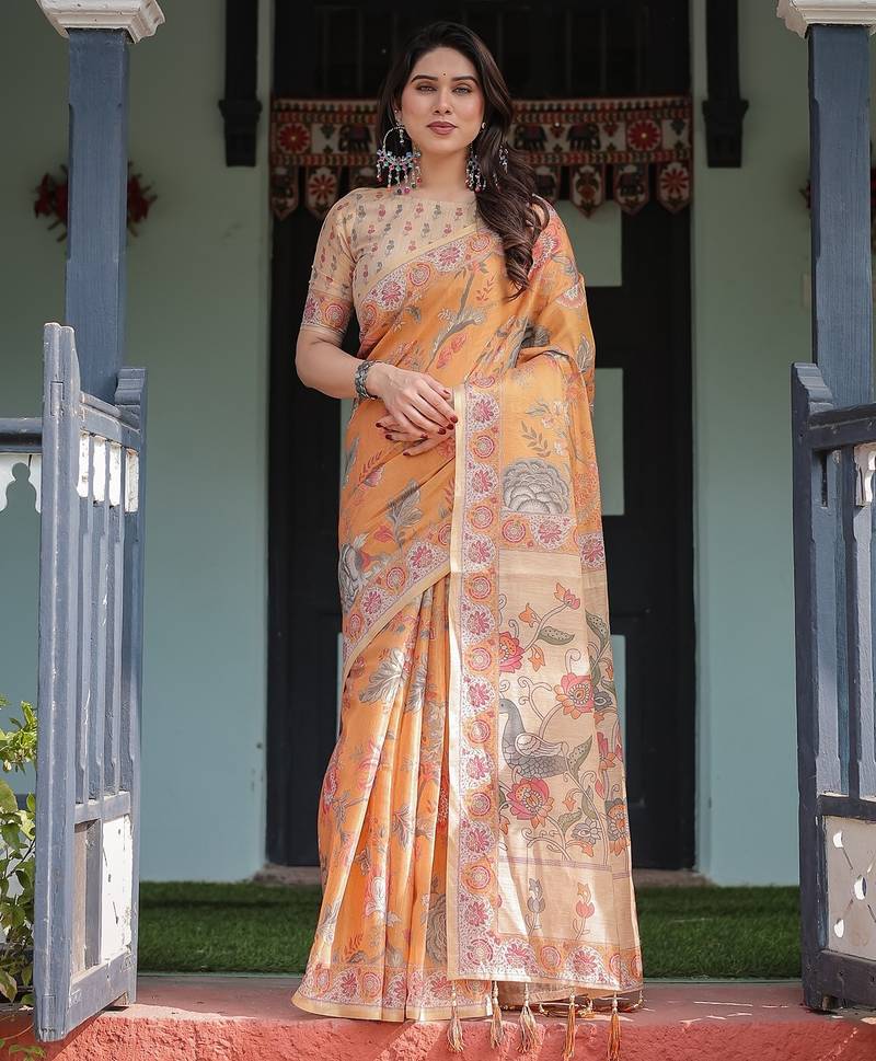 Pastel floral handloom cotton saree with pallu tassels & blouse piece