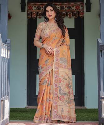 Pastel floral handloom cotton saree with pallu tassels & blouse piece 2