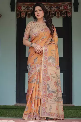 Pastel floral handloom cotton saree with pallu tassels & blouse piece