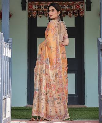 Pastel floral handloom cotton saree with pallu tassels & blouse piece 3