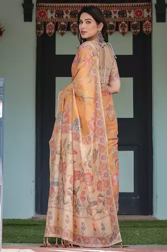 Pastel floral handloom cotton saree with pallu tassels & blouse piece