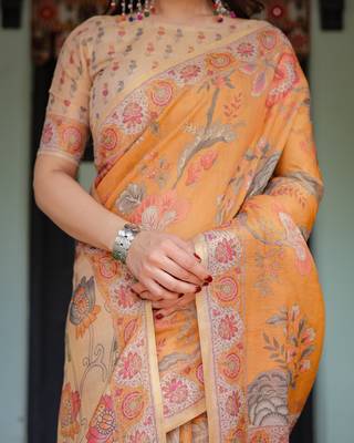 Pastel floral handloom cotton saree with pallu tassels & blouse piece 4