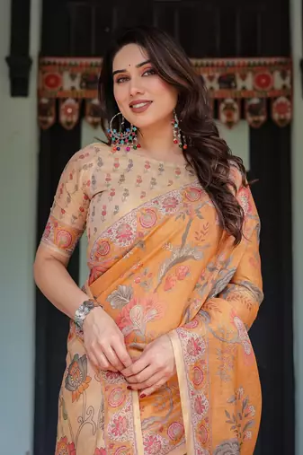 Pastel floral handloom cotton saree with pallu tassels & blouse piece