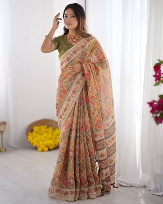 Ethnic handloom cotton saree with colorful floral print and matching blouse 1