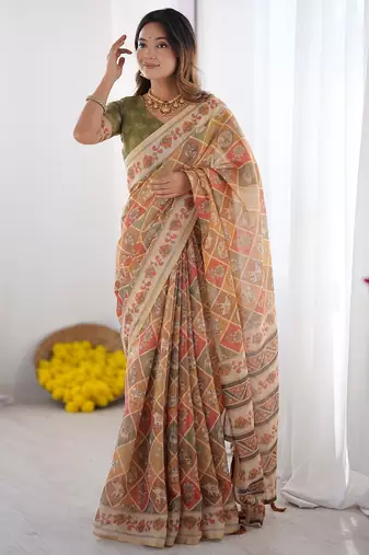 Ethnic handloom cotton saree with colorful floral print and matching blouse