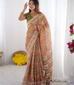 Ethnic handloom cotton saree with colorful floral print and matching blouse