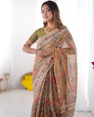 Ethnic handloom cotton saree with colorful floral print and matching blouse 2