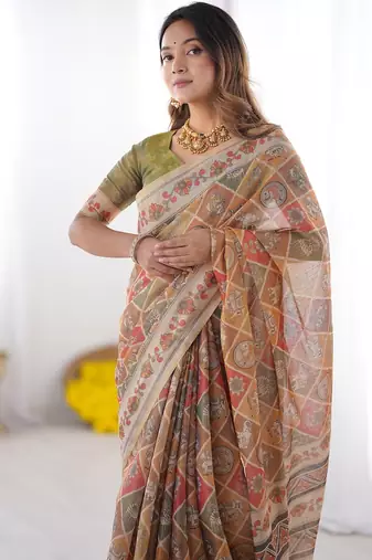 Ethnic handloom cotton saree with colorful floral print and matching blouse
