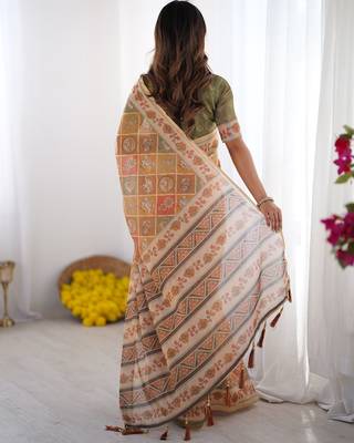 Ethnic handloom cotton saree with colorful floral print and matching blouse 3