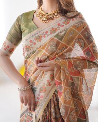 Ethnic handloom cotton saree with colorful floral print and matching blouse 4