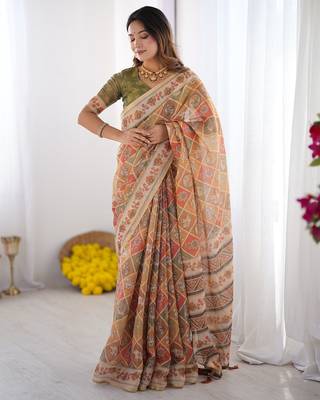 Ethnic handloom cotton saree with colorful floral print and matching blouse 5