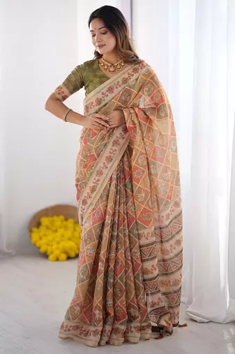 Ethnic handloom cotton saree with colorful floral print and matching blouse