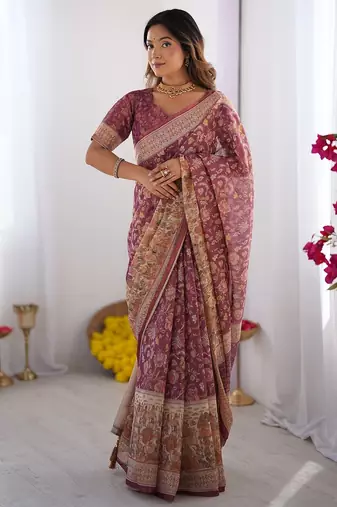 Cotton cotton blend handloom saree with floral motif and tassel border