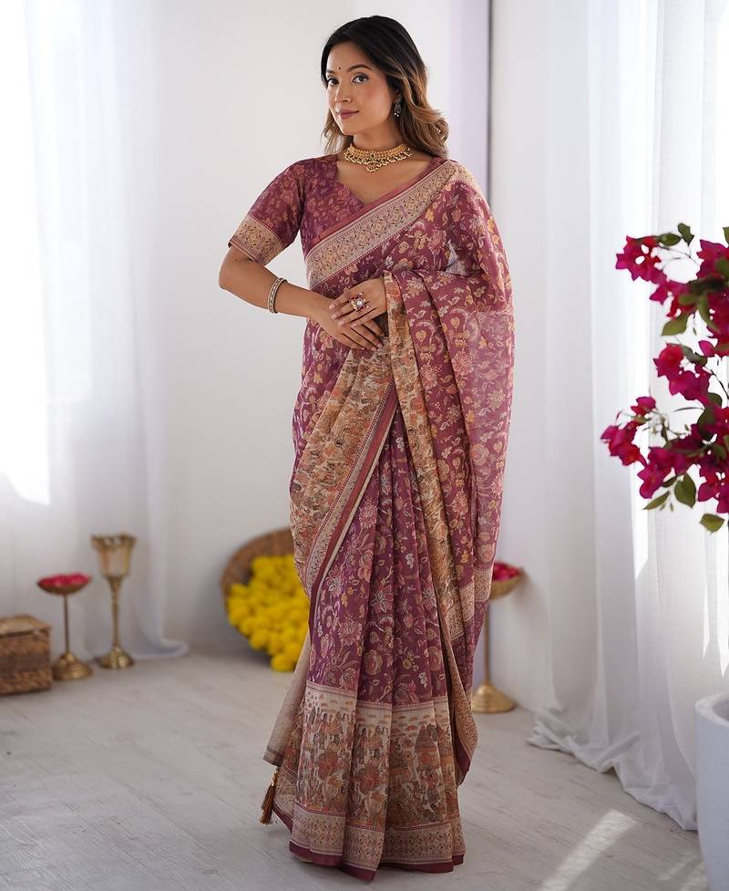 Cotton cotton blend handloom saree with floral motif and tassel border