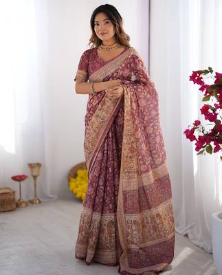 Cotton cotton blend handloom saree with floral motif and tassel border 5