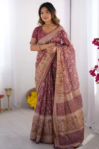 Cotton cotton blend handloom saree with floral motif and tassel border