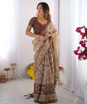 Women   s handloom cotton saree     floral printed with attached blouse & tassels 1