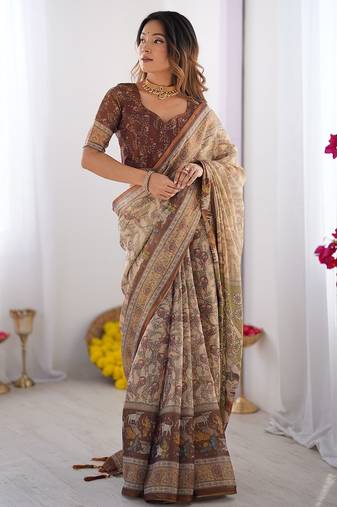 Women’s handloom cotton saree – floral printed with attached blouse & tassels