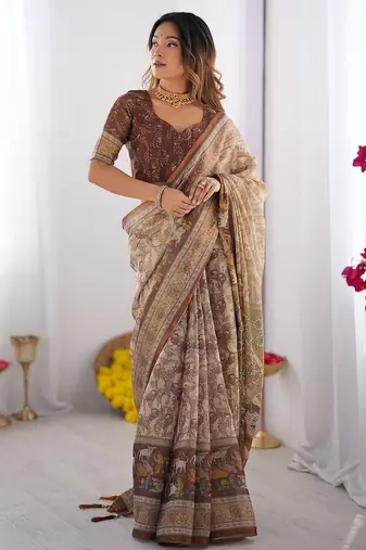 Women’s handloom cotton saree – floral printed with attached blouse & tassels