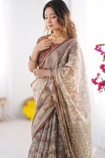 Women   s handloom cotton saree     floral printed with attached blouse & tassels