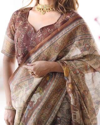 Women   s handloom cotton saree     floral printed with attached blouse & tassels 4