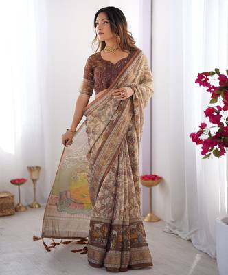 Women   s handloom cotton saree     floral printed with attached blouse & tassels 5