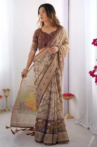 Women   s handloom cotton saree     floral printed with attached blouse & tassels