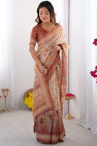 Premium floral print handloom cotton saree with pallu tassels – 5.5m