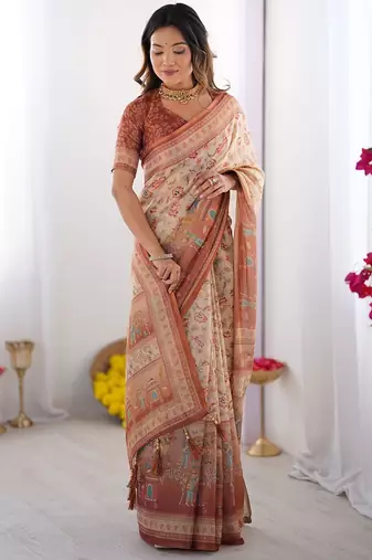 Premium floral print handloom cotton saree with pallu tassels – 5.5m