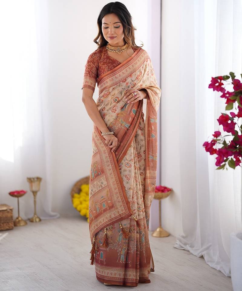 Premium floral print handloom cotton saree with pallu tassels     5.5m