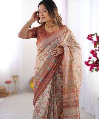 Premium floral print handloom cotton saree with pallu tassels     5.5m 3