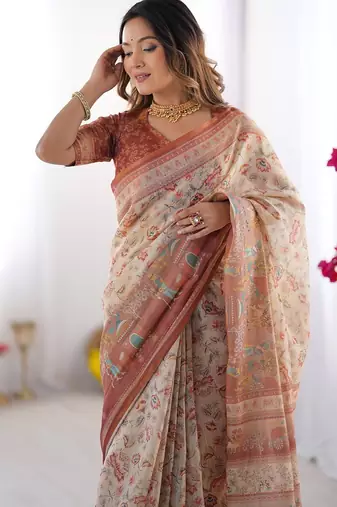 Premium floral print handloom cotton saree with pallu tassels     5.5m
