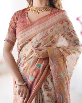 Premium floral print handloom cotton saree with pallu tassels     5.5m 4