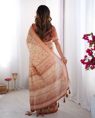 Premium floral print handloom cotton saree with pallu tassels     5.5m 5