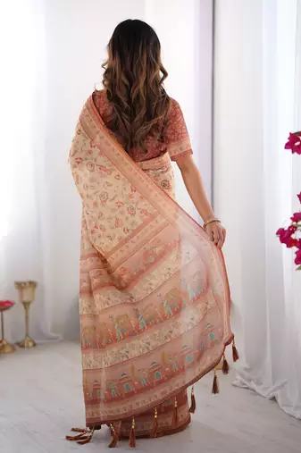 Premium floral print handloom cotton saree with pallu tassels     5.5m