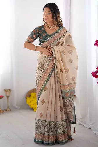 Printed handloom cotton saree for women with floral design and tassels