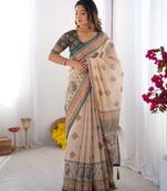 Printed handloom cotton saree for women with floral design and tassels