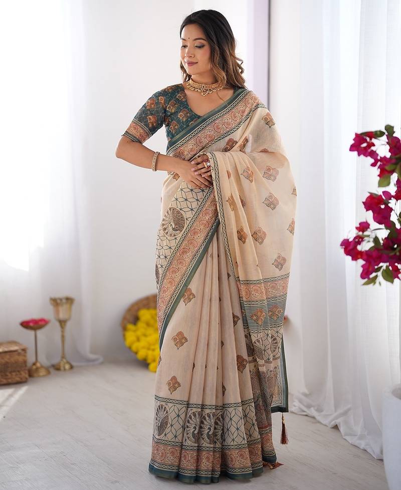 Printed handloom cotton saree for women with floral design and tassels