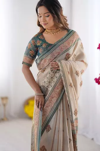 Printed handloom cotton saree for women with floral design and tassels