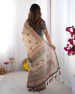 Printed handloom cotton saree for women with floral design and tassels 3