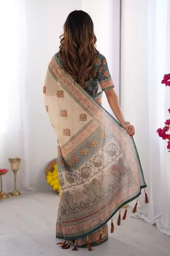 Printed handloom cotton saree for women with floral design and tassels